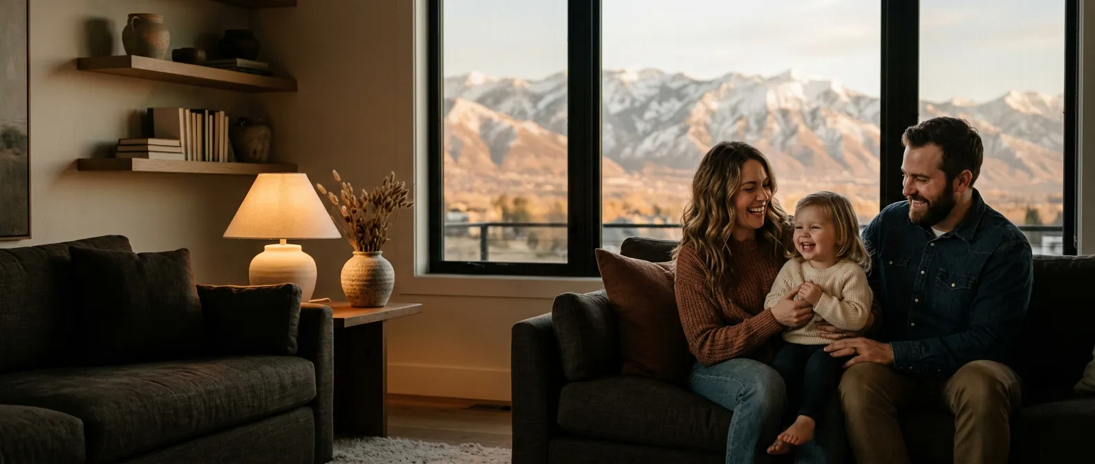 Family laughing together on couch with Wasatch mountains visible through window